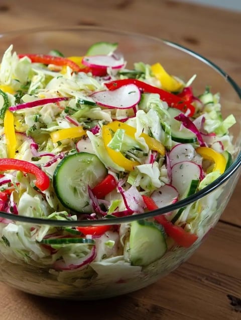 A bowl of salad with cucumbers, peppers, and lettuce.