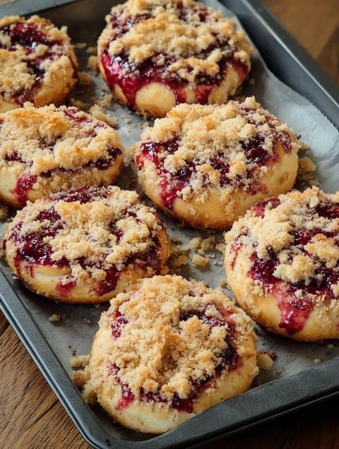 A pan of pastries with berries on top.