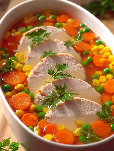 A bowl of soup with chicken and vegetables.
