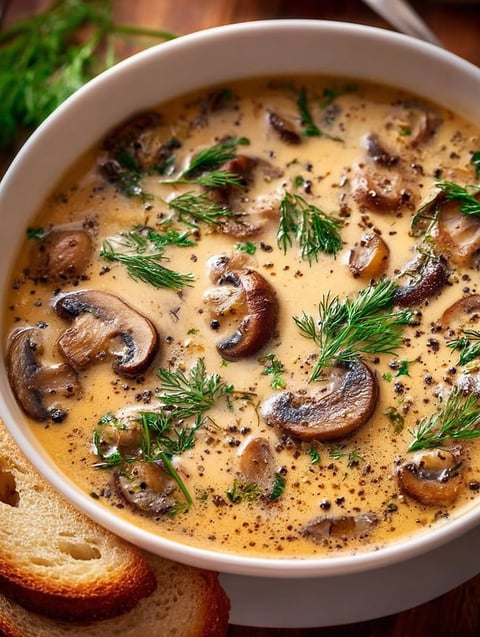 A bowl of soup with mushrooms and herbs.
