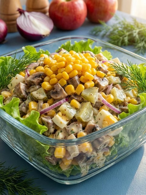A salad with mushrooms and corn.