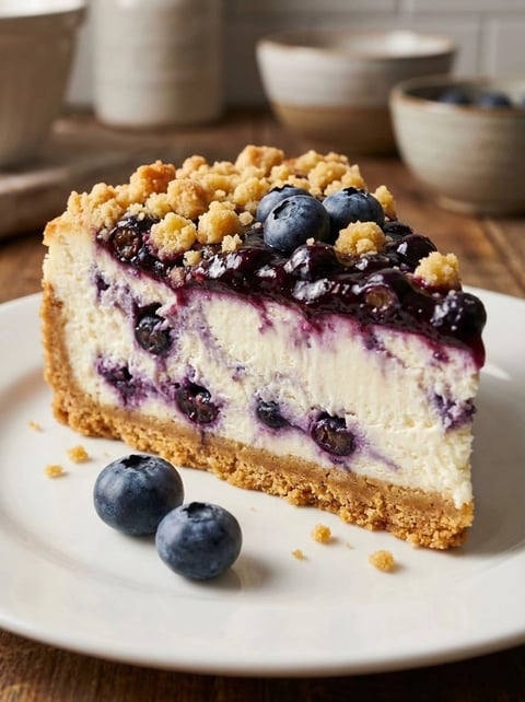 A slice of cheesecake with blueberries on top.
