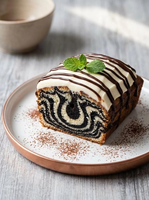 A slice of zebra cake with chocolate stripes.