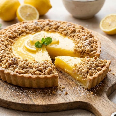 A slice of lemon tart with a green leaf on top.