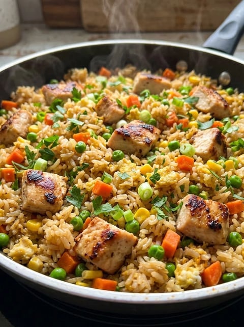 A pan of rice with meat and vegetables.