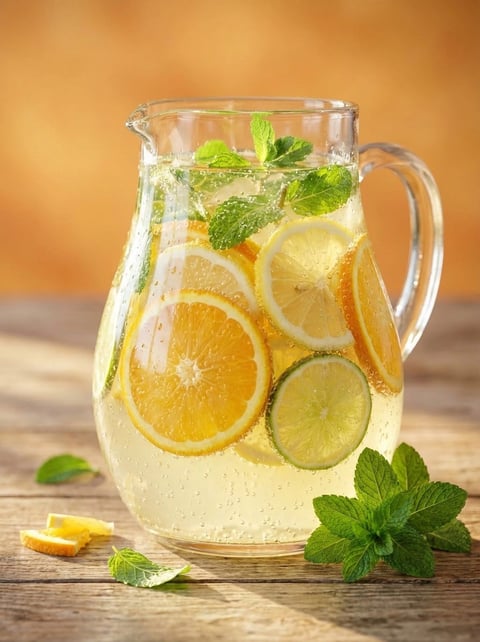 A glass of lemonade with lemon slices in it.