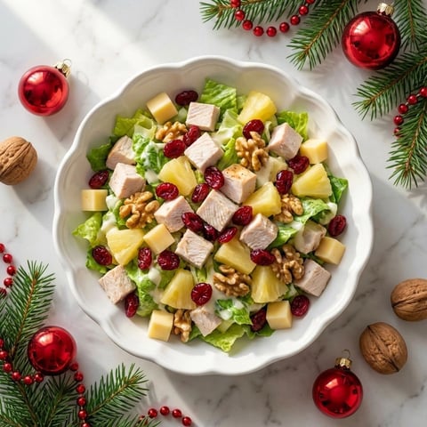 A white bowl filled with a salad of chicken, pineapple, and cranberries.