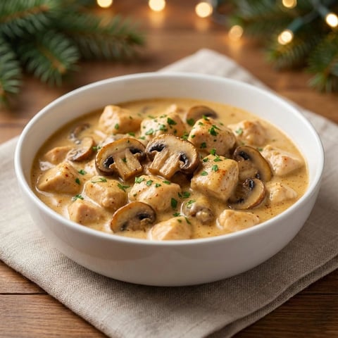 A bowl of chicken soup with mushrooms and herbs.