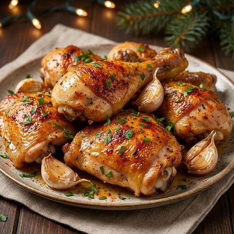 A plate of chicken with garlic and herbs.