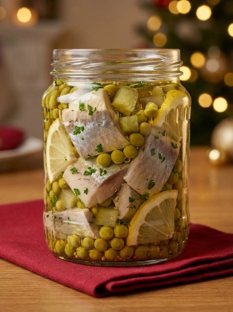 A jar of fish with lemon and peas.