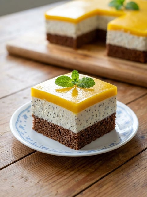 A slice of cake with mango and chia seeds.