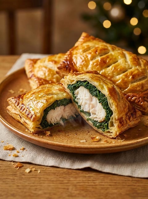 A plate of food with a pastry and spinach.