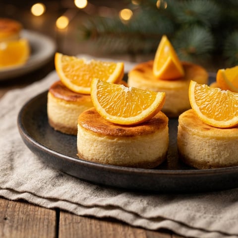 A plate of mini cheesecakes with orange slices on top.