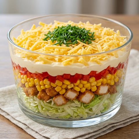 A glass bowl filled with a salad containing chicken, corn, and lettuce.