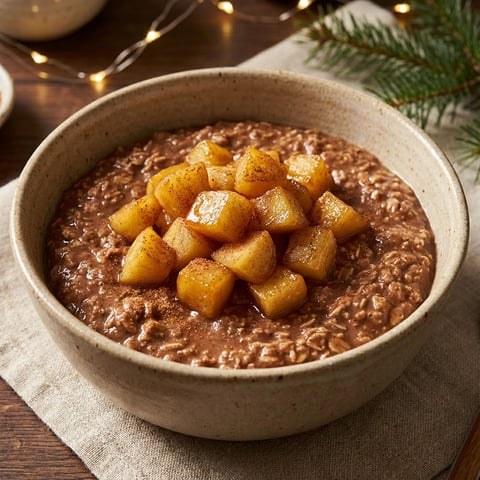 A bowl of oatmeal with cinnamon and apples.