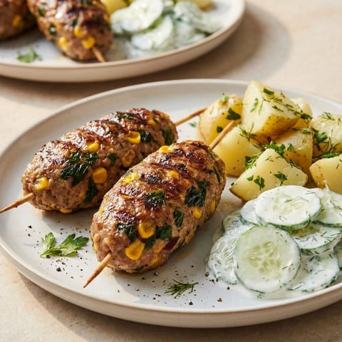 A plate of meat on a stick.