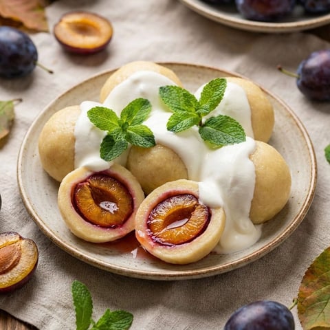A plate of food with a knedle and a fruit.