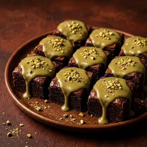 A plate of brownie with green topping.