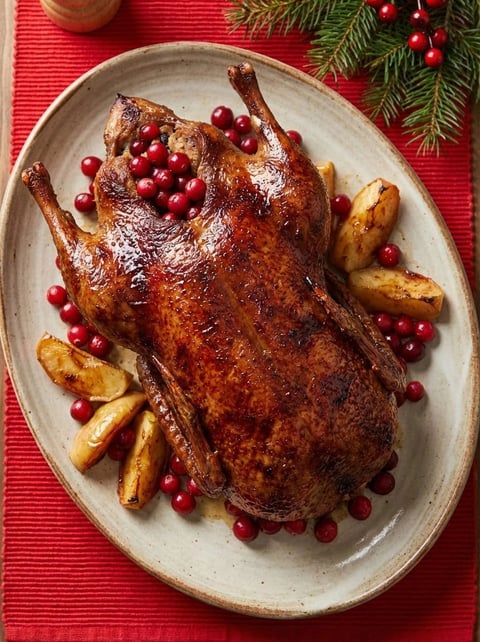A roasted duck with cranberries and pinecones.
