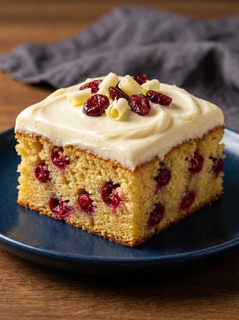 A slice of cake with white frosting and red berries.