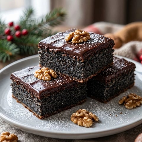 A plate of chocolate cake with walnuts on top.