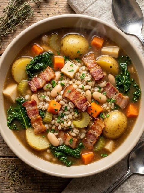 A bowl of soup with vegetables and bacon.
