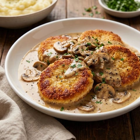 A plate of mushroom covered meatballs.