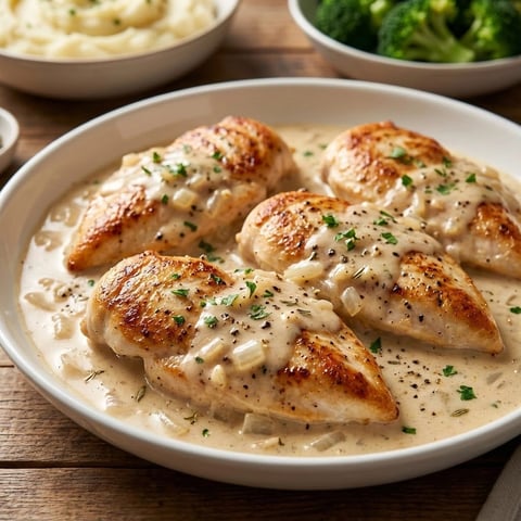 A plate of chicken covered in cream sauce.