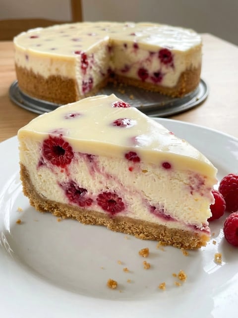 A slice of white chocolate raspberry cheesecake.