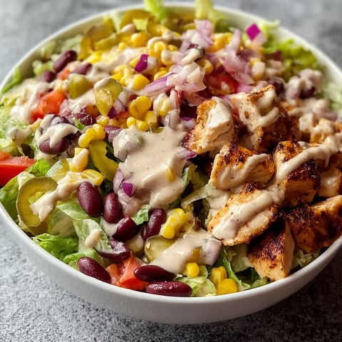 A bowl of salad with chicken and vegetables.