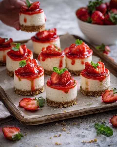 A tray of mini cheesecakes with strawberries on top.