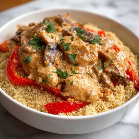 A bowl of food with chicken and mushrooms.