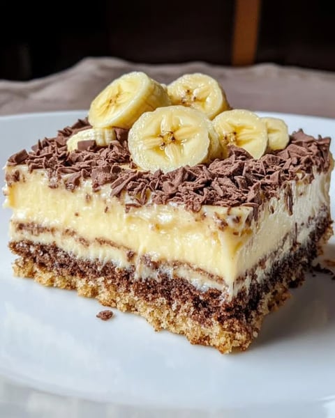 A slice of cake with bananas and chocolate.