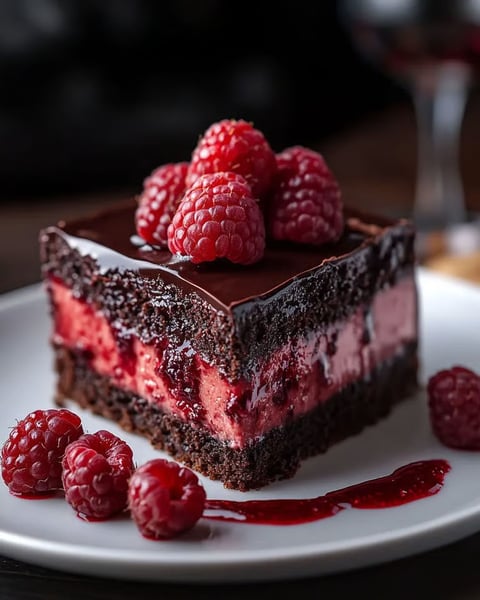 A slice of chocolate cake with raspberries on top.