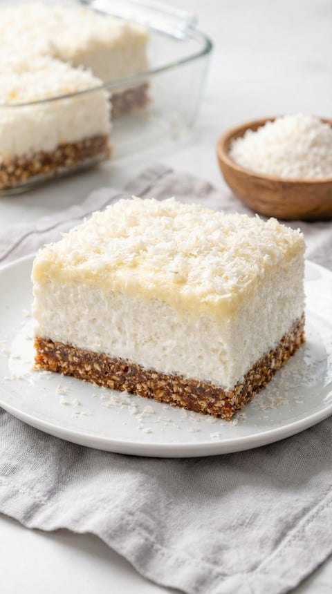 A slice of coconut cake on a white plate.