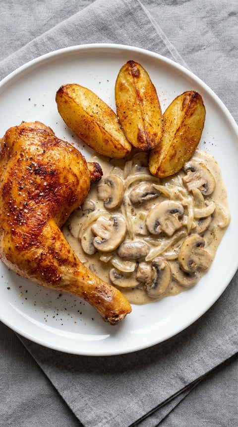 A plate of food with chicken, mushrooms, and potatoes.