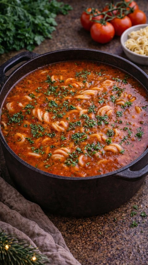 A pot of soup with noodles and vegetables.