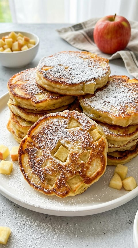 A stack of waffle pancakes with powdered sugar.
