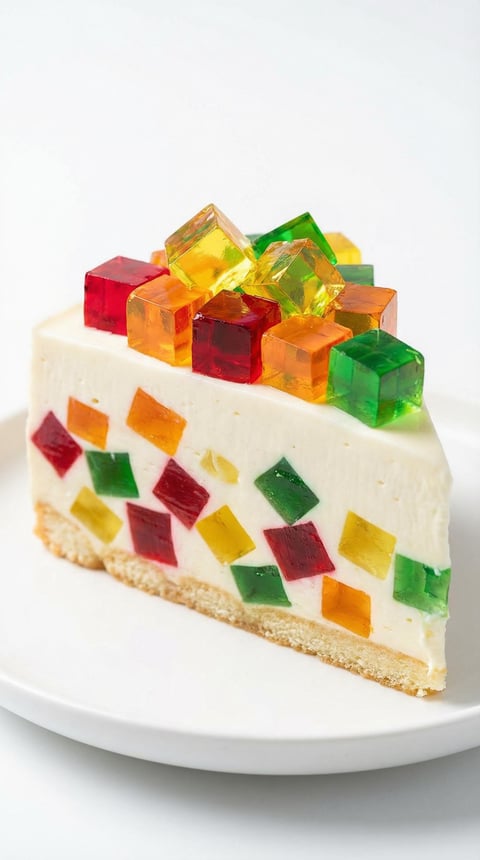 A slice of cake with rainbow colored gummy bears on top.