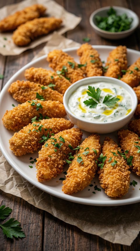 A plate of breaded chicken strips with a bowl of dipping sauce.