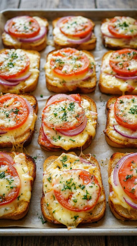 Zapiekanki z chleba z serem, szynką i pomidorem.