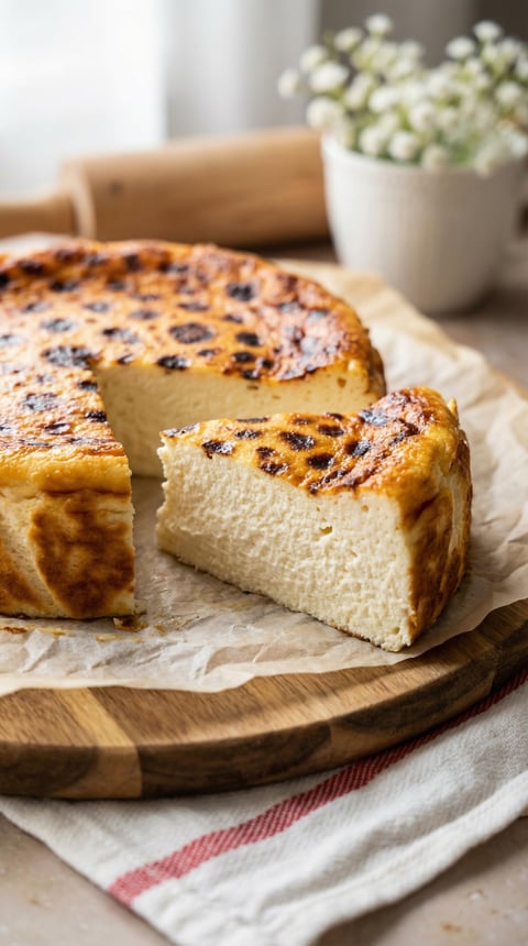 A slice of cake on a wooden board.