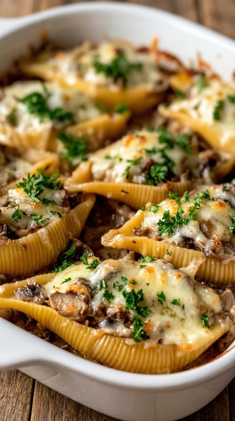 A plate of food with cheese and mushrooms.