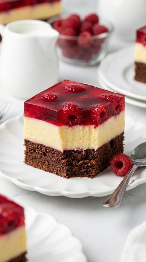 A slice of cake with raspberries on top.
