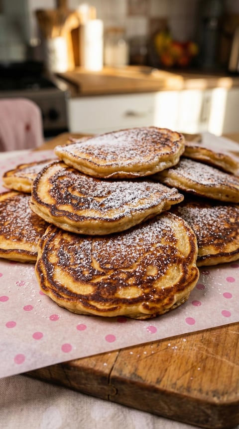 A stack of pancakes with powdered sugar on top.