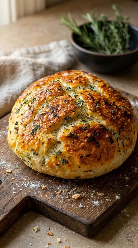 A loaf of bread with herbs on top.