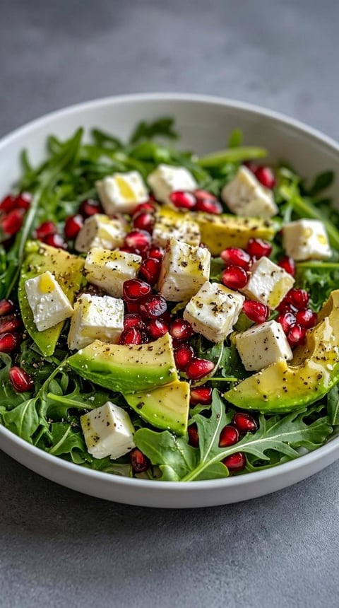 A bowl of salad with avocado, pomegranate, and feta cheese.
